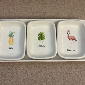 Rae Dunn - Set of 3 Cream Ceramic Trinket Dishes & Plate with Tropical Designs